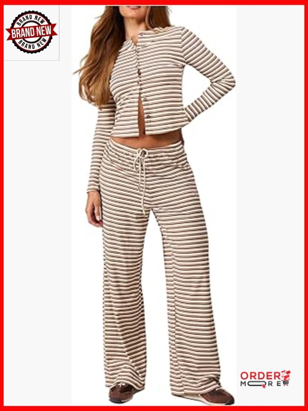 Striped Button Down Top & Wide Leg Pants Set, Soft Lounge Wear, Long Sleeve